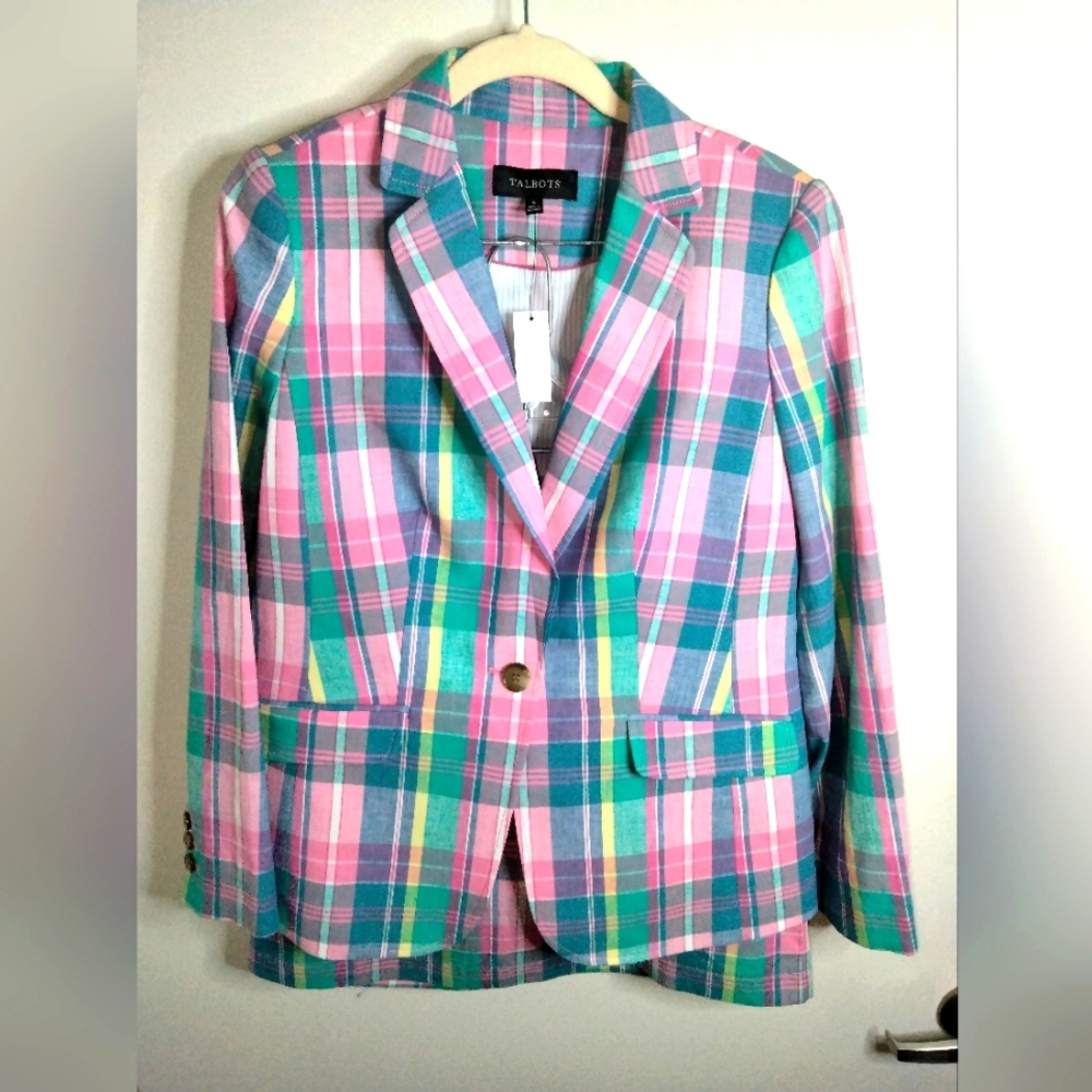 Talbots (Size 6) Multicolored Plaid Linen Blend Button Front LS Jacket (NEW-NWT)